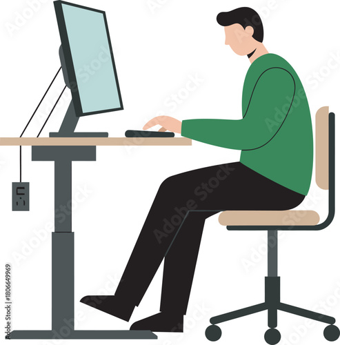 Man working at adjustable desk with ergonomic setup, vector style.