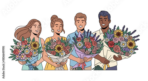 Cheerful group of diverse young friends holding beautiful flower bouquets, celebrating a special occasion together