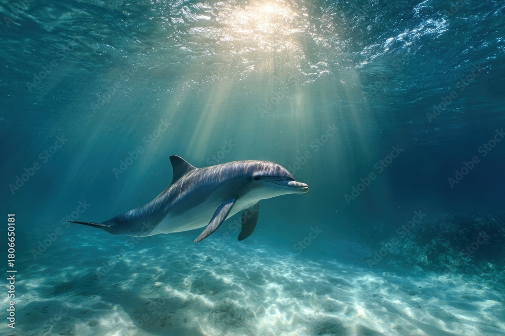 Fototapeta premium Dolphin in sunlit underwater scene