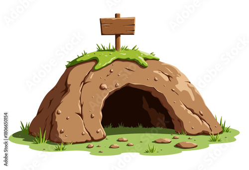 A Whimsical Illustration of a Grass-Covered Cave with a Wooden Sign on Top Surrounded by Greenery and Small Stones Set Against a Bright White Background
