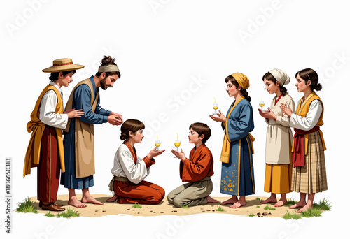 A group of people in traditional clothing engaging in a ceremonial exchange of small vials with oil, symbolizing unity or blessing in a historical setting