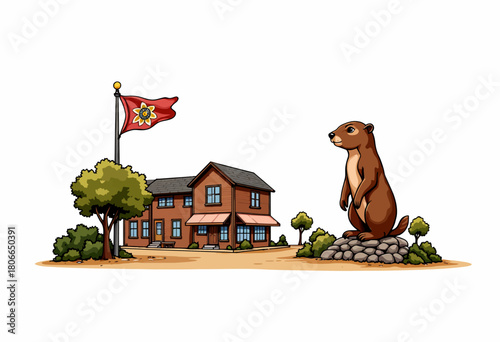 Charming Countryside Cottage with a Majestic Groundhog Sculpture Amidst Verdant Trees and Fluttering Banner on a Tranquil Sunny Day