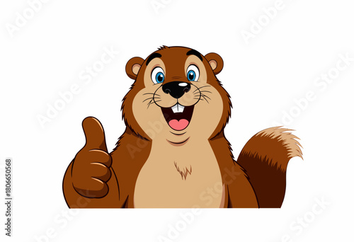 Cheerful Cartoon Beaver Giving a Thumbs Up with a Big Smile and Bright Eyes Against a White Background