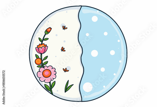 Illustration of a Circular Yin Yang Design Featuring Nature with Flowers and Butterflies on One Side and Snowflakes on the Other