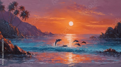 Fototapeta Naklejka Na Ścianę i Meble -  Dolphins in sunset ocean