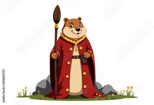 Illustration of a Regal Beaver Dressed in a Royal Cloak Holding a Scepter Surrounded by Rocks and Flowers on a White Background