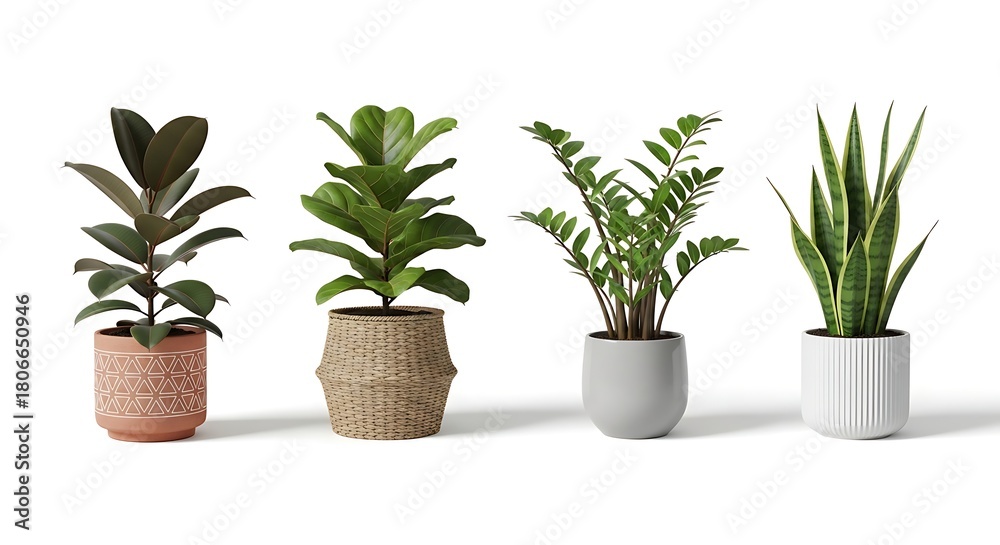 Fototapeta premium Assortment of vibrant potted plants Rubber, Fiddle Leaf Fig, ZZ, Snake plants for home decor