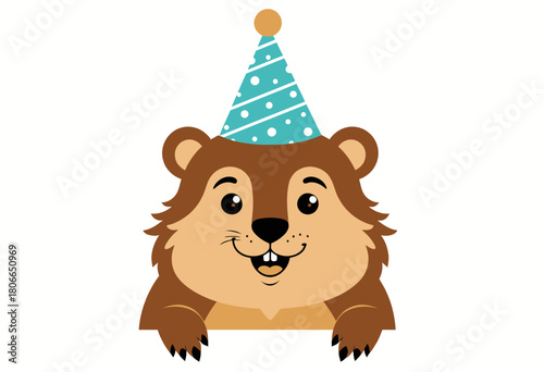 Adorable cartoon bear with a cheerful expression wearing a festive party hat and posed against a plain background, perfect for birthday celebrations and cheerful occasions