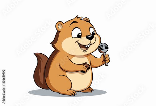 Adorable Cartoon Animal Character with Playful Expression Holding a Microphone Ready to Sing on a Simple Background