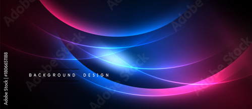 Abstract neon waves, vibrant colors blend. Dark background emphasizes glowing curves, creating dynamic visual effect. Modern design element.