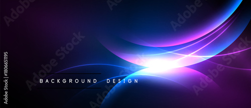 Abstract background features vibrant blue, purple hues. Bright light streak creates dynamic visual effect. Modern design elements present.