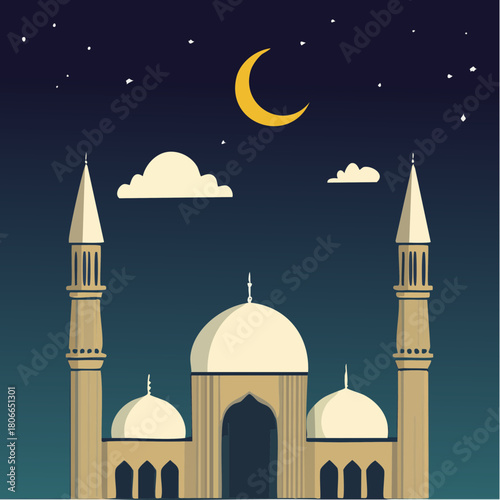 Beautiful Islamic mosque at night with crescent moon and stars illuminating the sky, perfect for religious and cultural themes