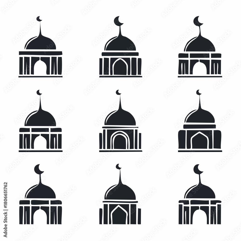 Obraz premium Collection of Islamic architectural elements, featuring diverse mosque designs, domes, and arches, representing religious and cultural heritage