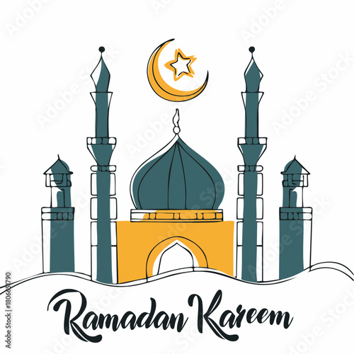 Ramadan Kareem Greeting Card Illustration Featuring a Mosque with Crescent Moon and Star