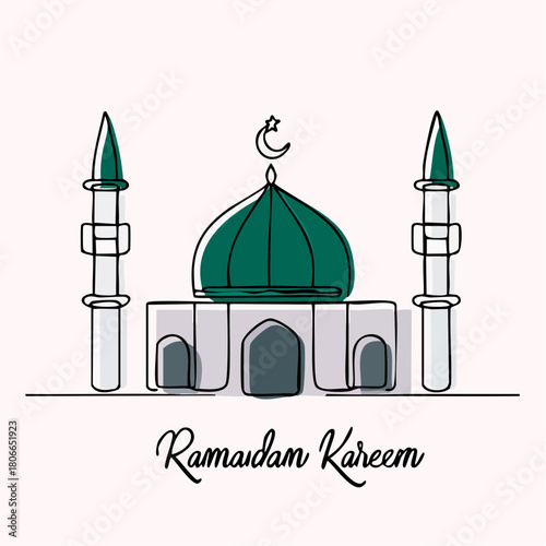 Ramadan Kareem Greeting Card Featuring a Stylized Mosque Illustration with a Crescent Moon and Star