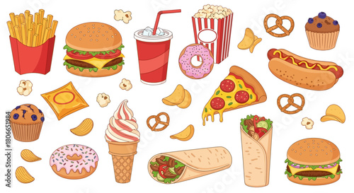 Variety of delicious colorful fast food vector illustration