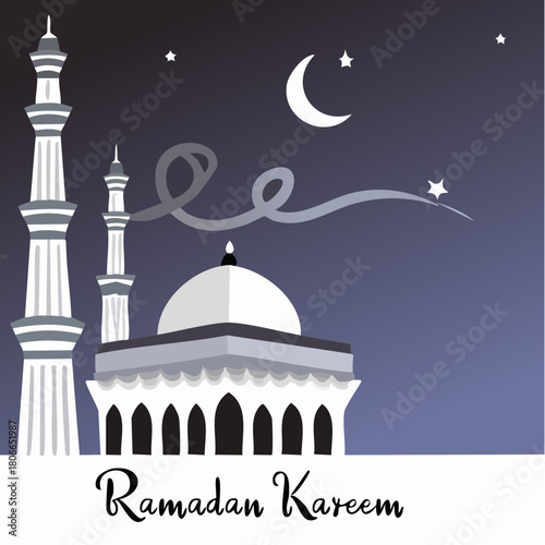 Ramadan Kareem Greeting Card with Mosque Illustration Under a Crescent Moon and Stars