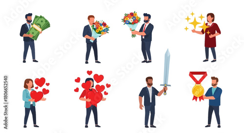 Diverse collection of flat vector illustrations showcasing human gestures of achievement, success, reward, love, and generosity in various scenarios