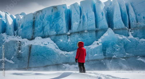 Lone Explorer in Red Parka Facing a Massive Blue Glacier Wall With Drifting Snow and Cinematic Hyper-Realistic Lighting