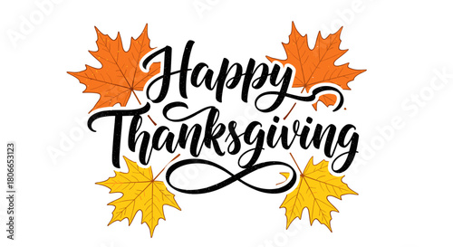 Happy Thanksgiving text with autumn leaves illustration 1.