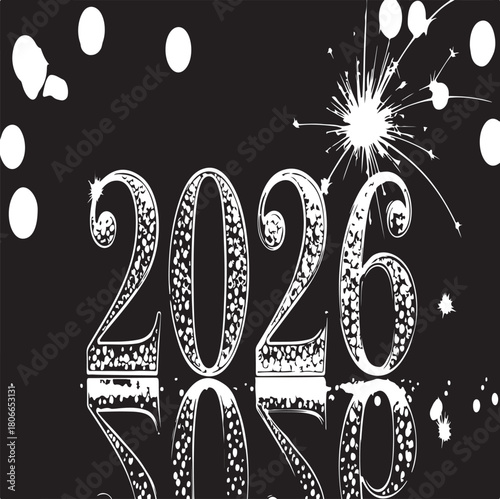 Grungy 2026 year text in black and white with ink splatters, distressed surface, and mirrored reflection suitable for calendars or new year designs.