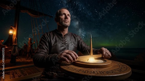Viking seafarer navigating by stars with a sun compass while sailing on gentle waves under a twinkling night sky