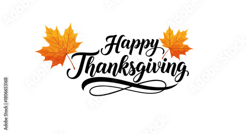 Happy Thanksgiving text with autumn leaves illustration.