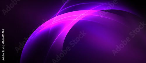 Abstract purple lines create dynamic curves, glowing against dark background. Modern design, simple elegance.