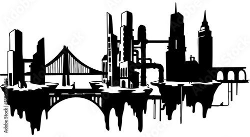 Futuristic Floating Cityscape Silhouette with Bridges and Modern Architecture
