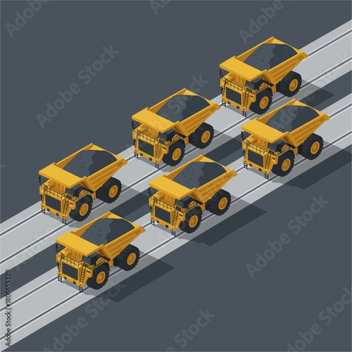 Isometric Heavy-Duty Mining Dump Trucks Hauling Materials.
