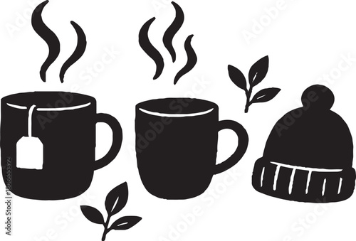 Cozy Winter Silhouette Illustration Featuring Steaming Mugs, Tea Bag, Pom-Pom Hat, and Leafy Branches