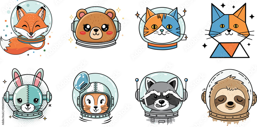 Naklejka premium Cartoon animals in space helmets, fox, bear, cat, rabbit, deer, raccoon, sloth, geometric style, vector illustration, children space theme