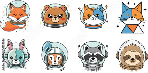 Cartoon animals in space helmets, fox, bear, cat, rabbit, deer, raccoon, sloth, geometric style, vector illustration, children space theme