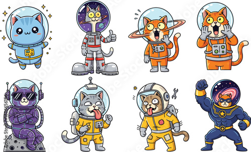 Astronaut cats, space-themed cartoon animals, vector illustration, colorful space suits, cosmic adventure, feline explorers, sci-fi pets, whimsical space characters