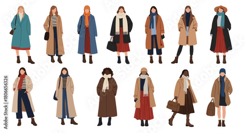Collection of diverse stylish women wearing fashionable autumn and winter outfits including coats scarves and hats in a street style set.
