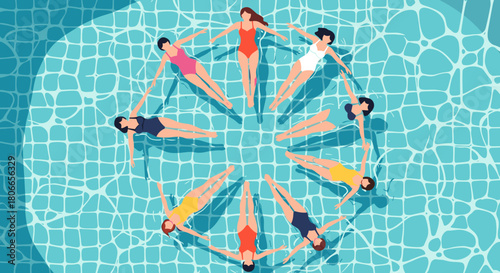 Top-down view of a group of young women in swimsuits relaxing and floating in a circle in a clear blue swimming pool.