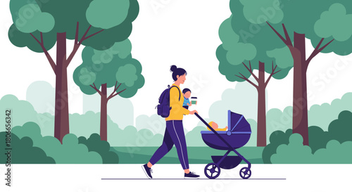 Super mom walks through a green park pushing a baby stroller while carrying another baby and drinking coffee on a busy day.