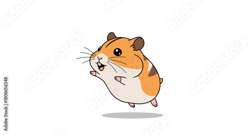 Cute cartoon hamster with chubby cheeks jumping happily in the air isolated on a clean white background for a pet concept.