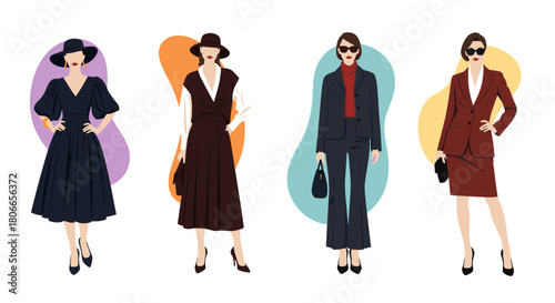 Set of four elegant women dressed in stylish and sophisticated high-fashion outfits for different formal and business occasions.