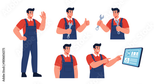 Set of a friendly male mechanic or handyman character in blue overalls in various poses like waving and holding a wrench.