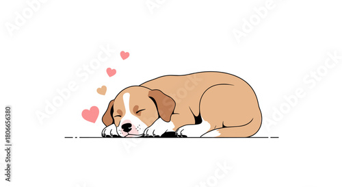 Adorable cartoon puppy sleeping peacefully with pink love hearts floating above its head on a clean white background.