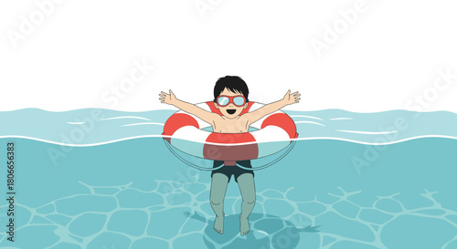 Happy young boy with swimming goggles learns to swim and float in the water safely with a red and white lifebuoy ring.