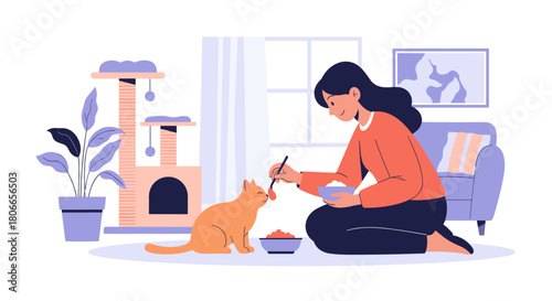 Young woman lovingly feeding her cute ginger cat from a bowl in a cozy living room with a cat tree in the background.