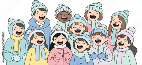 Joyful children singing carols together, bundled up warmly in winter hats and scarves, a heart warming scene of childhood happiness and holiday cheer