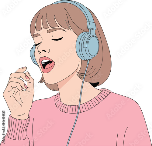 Carefree girl enjoying music with headphones, lost in her song, perfect for youthful energy and relatable lifestyle content, modern and vibrant