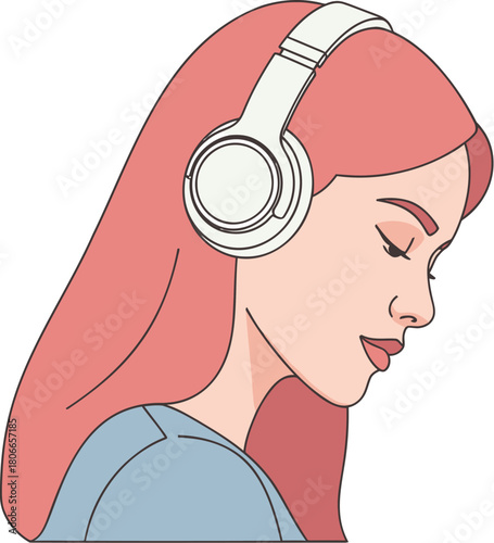 Relaxing music helps her unwind after work, headphones on, a moment of peace, stress relief concept, listening to favorite playlist, self care break