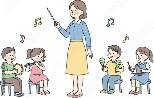 Adorable cartoon music class with teacher and students, perfect for educational content, celebrating creativity and youthful learning, cheerful and engaging