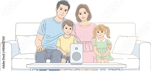 Happy family relaxing on sofa with modern speaker system, parents and children enjoying quality time together at home, showcasing family lifestyle