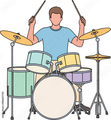 Energetic drummer illustration ready to play cool music, perfect for music school promo, band posters or creative projects needing rhythm and fun!