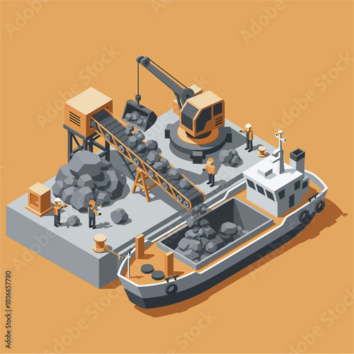 Isometric Mining Operation on Barge with Crane and Workers.